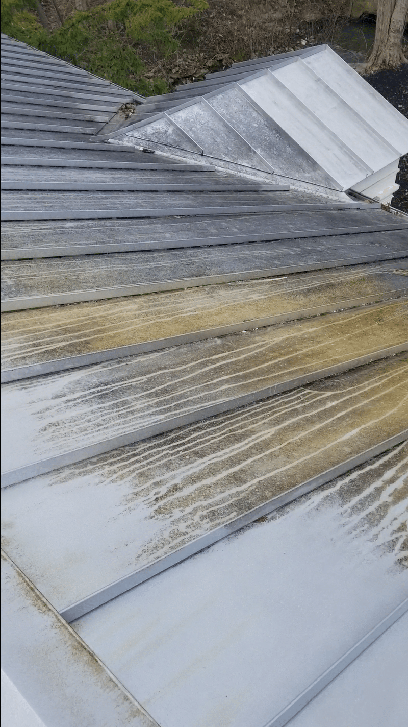 Metal roof with oxidation and algae staining before cleaning