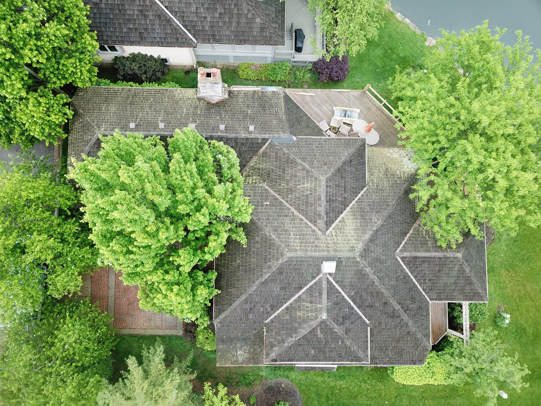 Before cedar roof cleaning - overhead view of cedar shake roof with algae and black streaks near walking path in Muirfield Village Dublin Ohio
