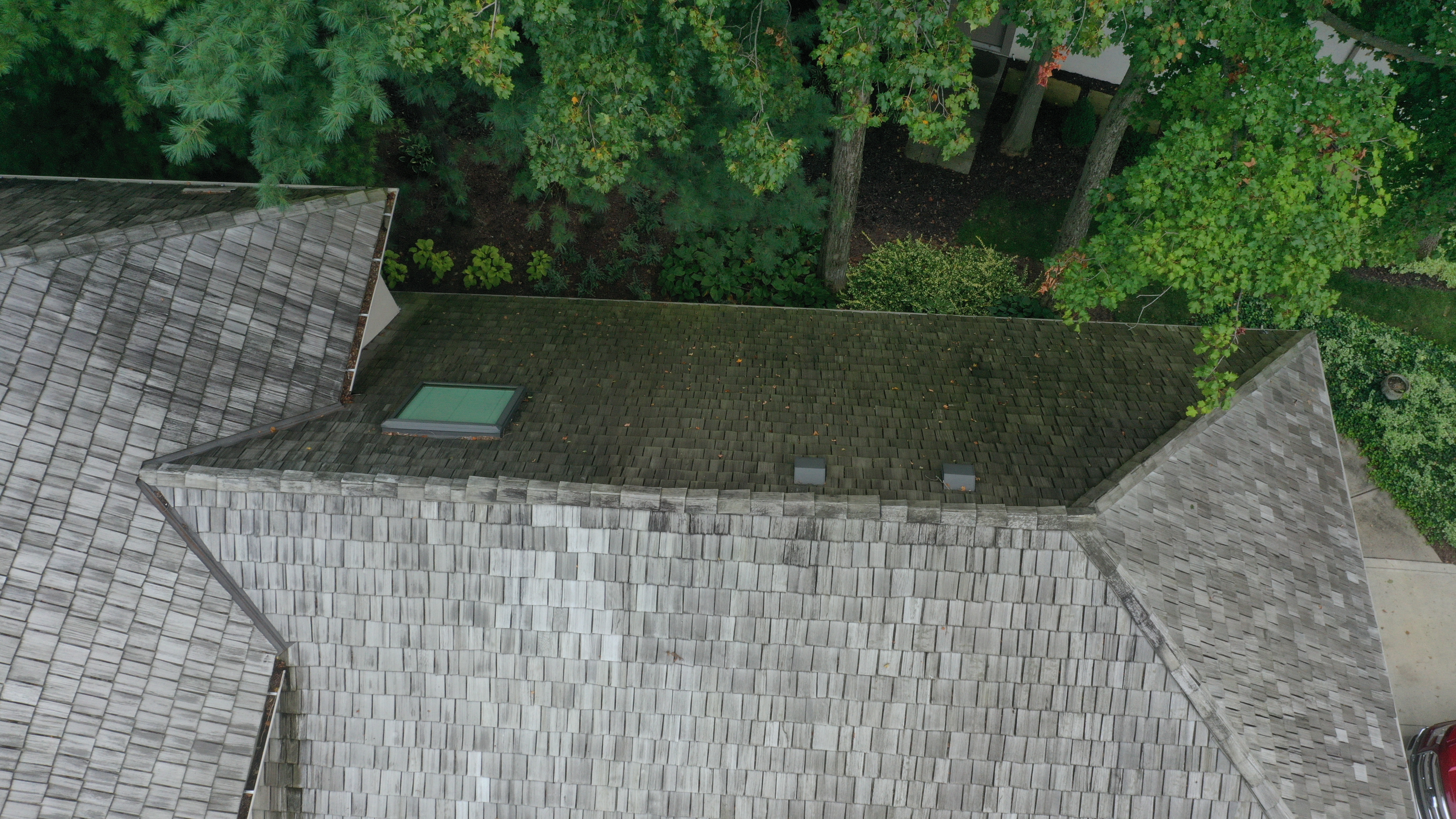 Before cedar roof cleaning - side view showing dark green-black algae on rear slopes contrasting with lighter gray front slopes, skylight visible, The Sanctuary Columbus Ohio