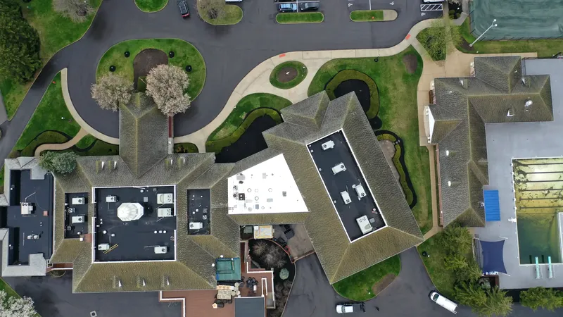 Aerial drone view of commercial building roof in Columbus Ohio