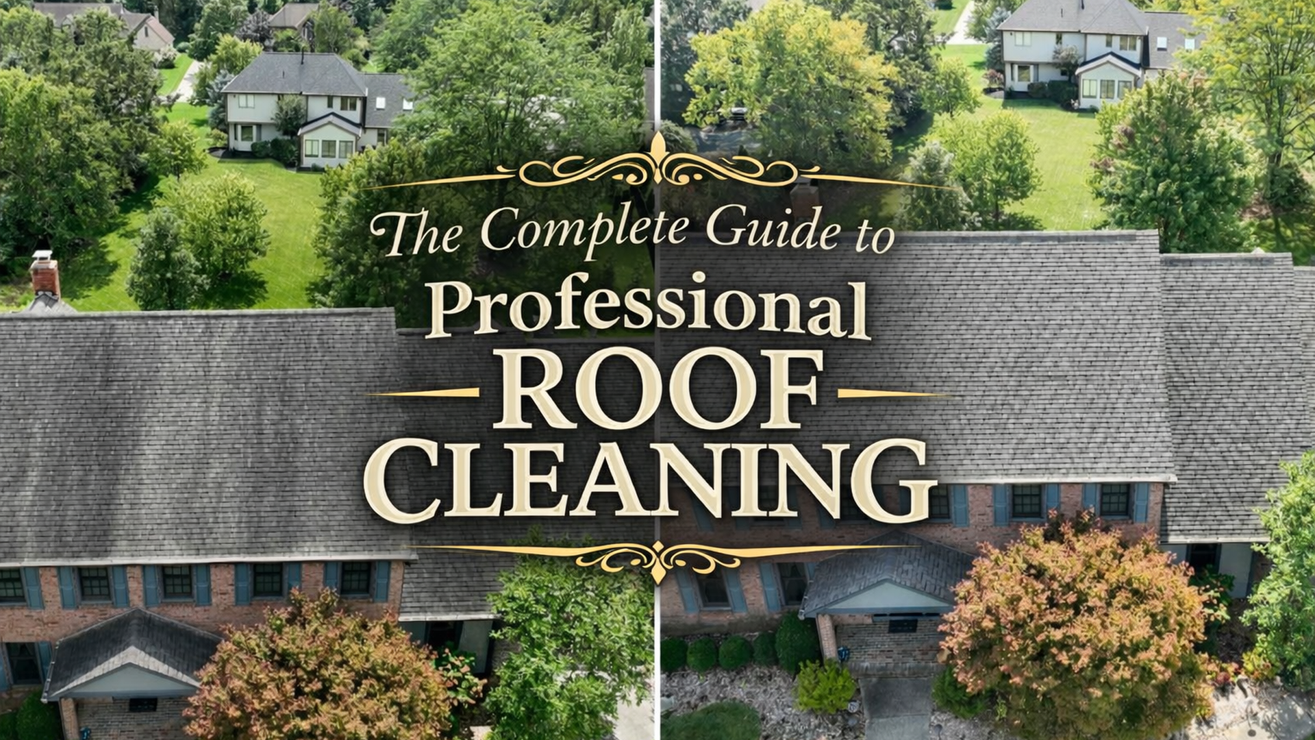 The Complete Guide to Professional Roof Cleaning — before and after drone aerial view of shingle roof cleaning in Columbus Ohio