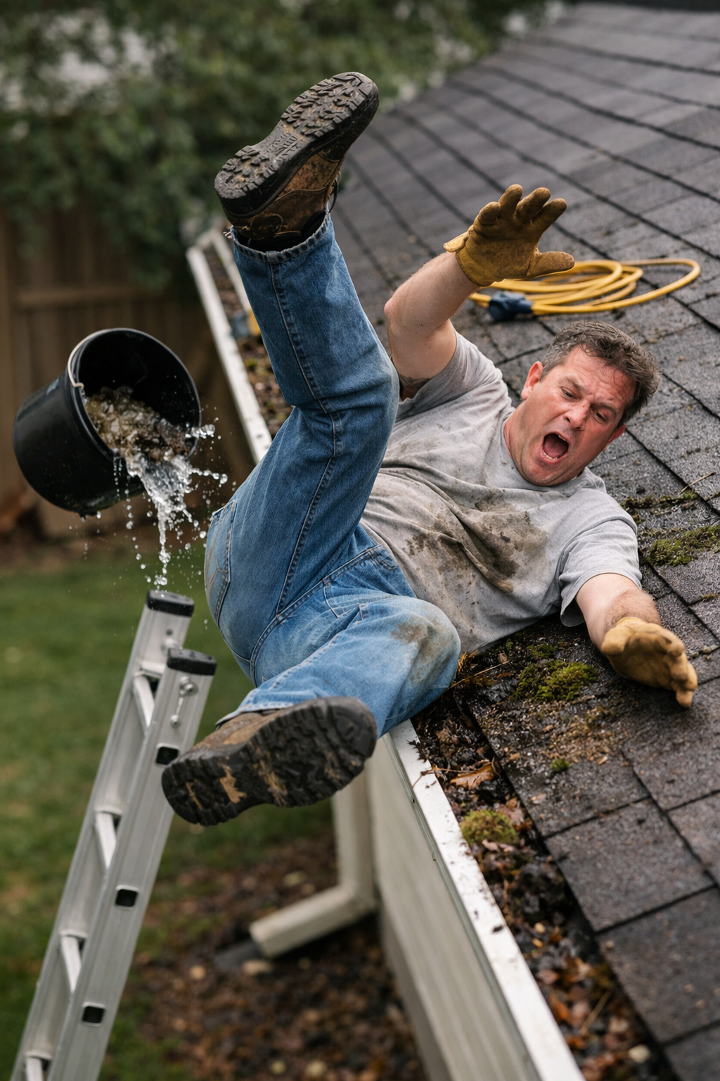 Homeowner falling off ladder while attempting DIY roof cleaning — why professional roof cleaning is safer