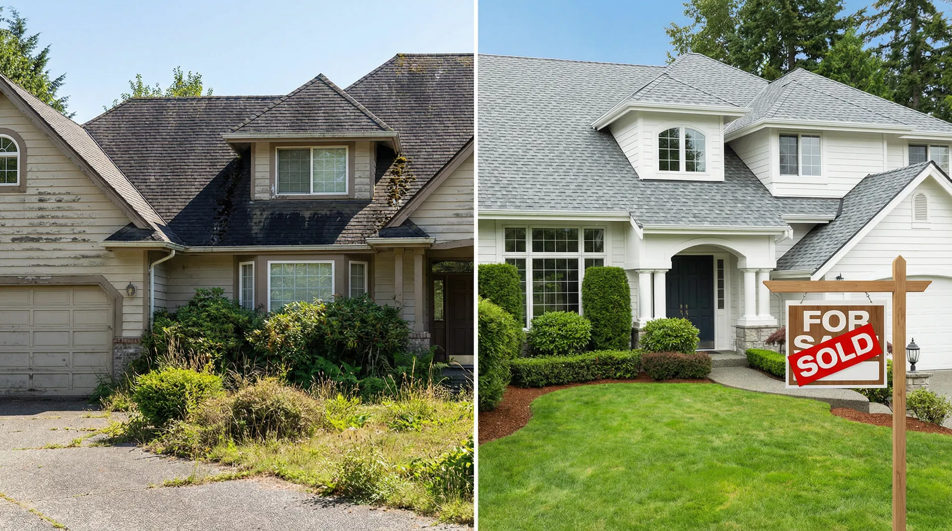 ROI of exterior cleaning before a home sale — before and after comparison showing dirty vs clean home exterior with dollar sign ROI graphic