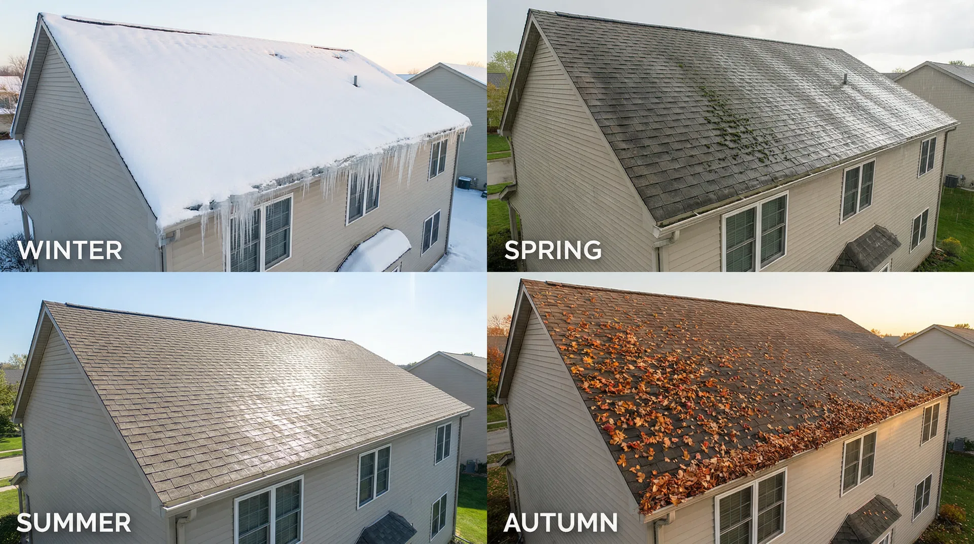 Ohio homeowner roof maintenance calendar — four seasons showing winter ice dams, spring algae growth, summer UV wear, and fall debris and gutters