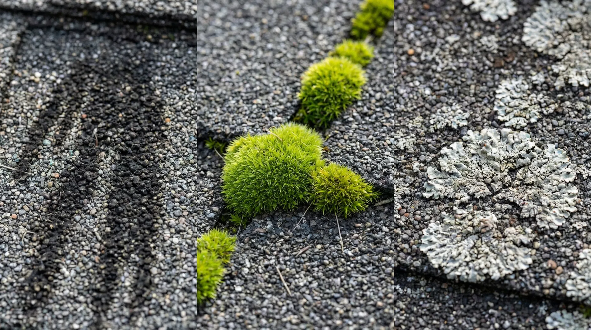 What's growing on your roof visual identification guide — moss, lichen, algae, and plant growth on roof shingles