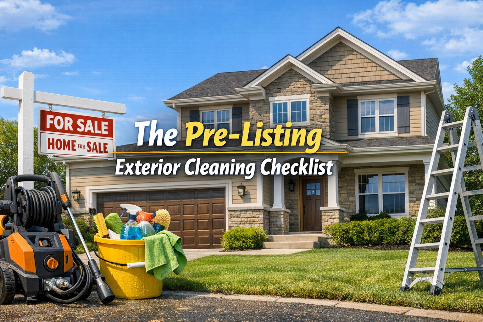 Pre-listing exterior cleaning checklist — home for sale with pressure washer, cleaning supplies, and ladder