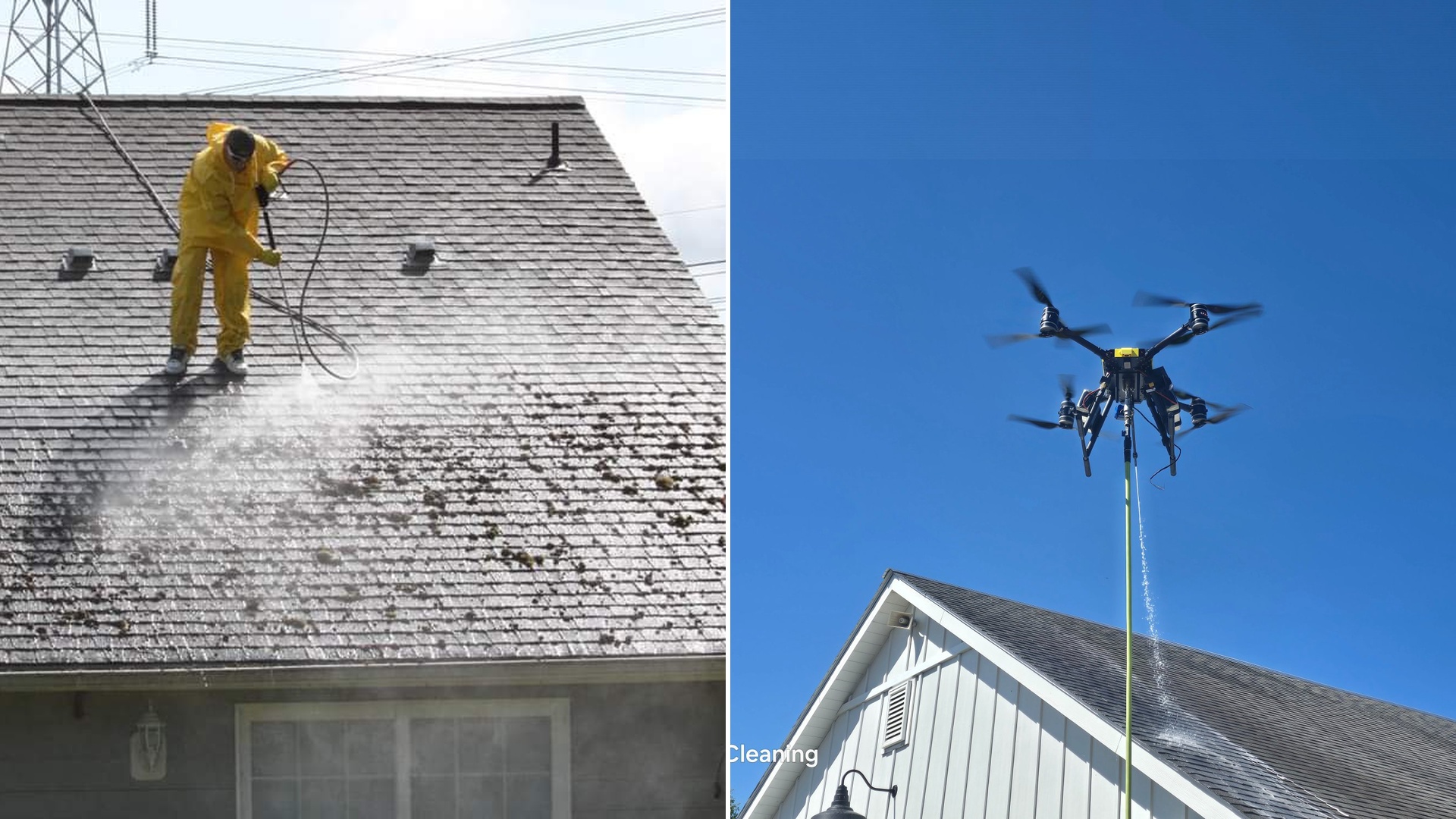 Pressure washing vs. drone roof cleaning comparison — traditional high-pressure method versus Forza drone treatment in Columbus Ohio