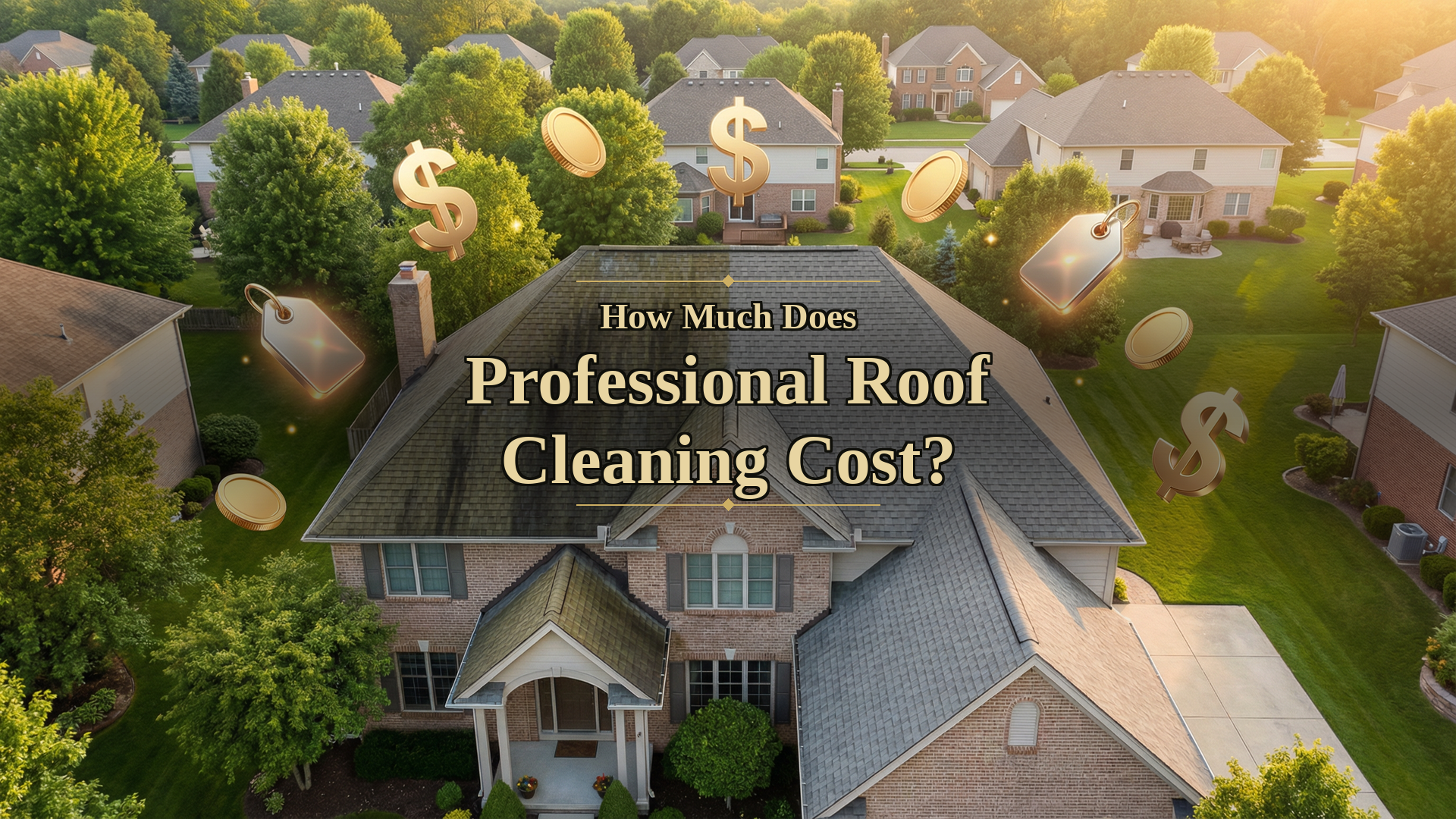 How much does professional roof cleaning cost — aerial drone view of residential shingle roof with dollar signs and pricing symbols