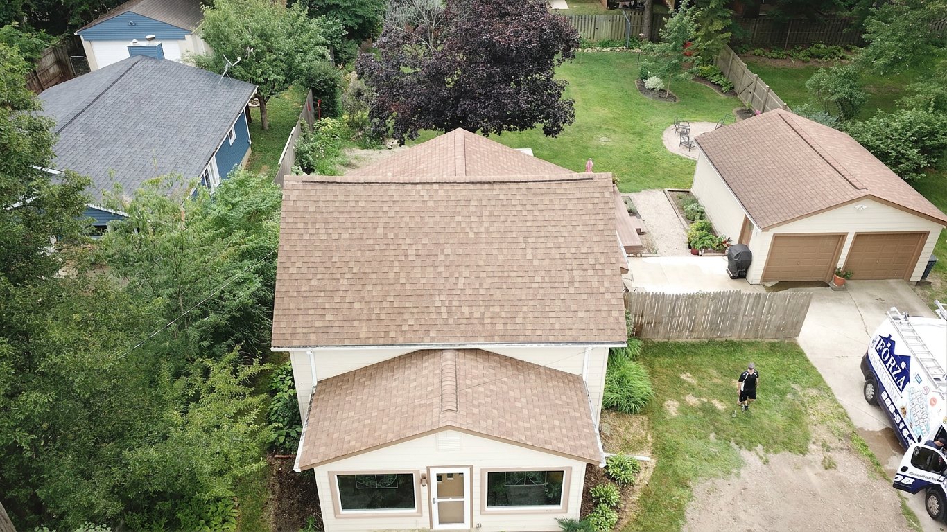 After roof cleaning in Galena Ohio — clean asphalt shingle roof with Forza truck in driveway