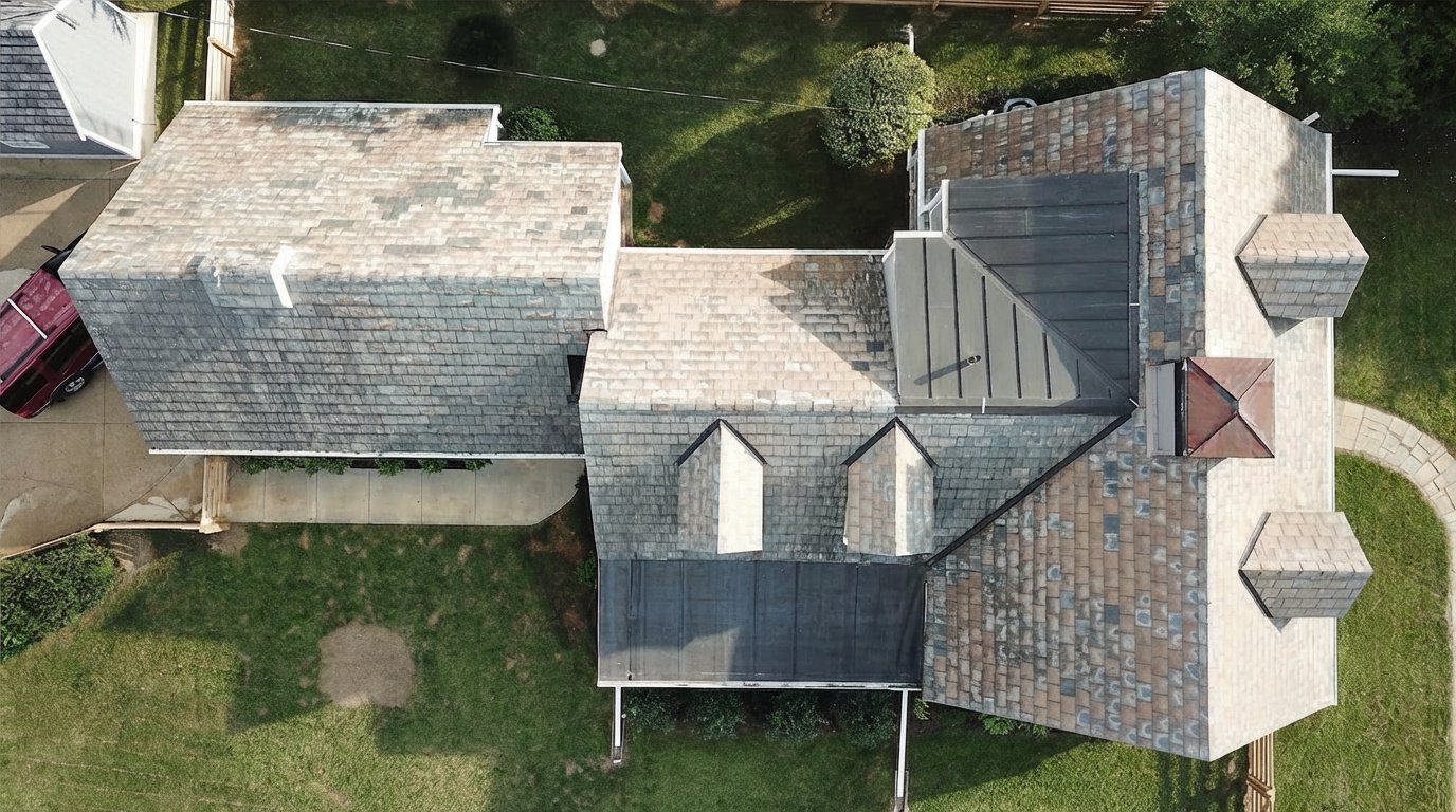 After roof cleaning in Heath Ohio — clean asphalt shingle roof restored to original color