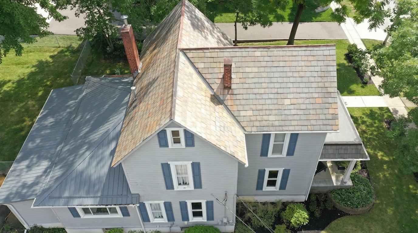 After roof cleaning in Johnstown Ohio — restored slate tiles with clean metal roof sections