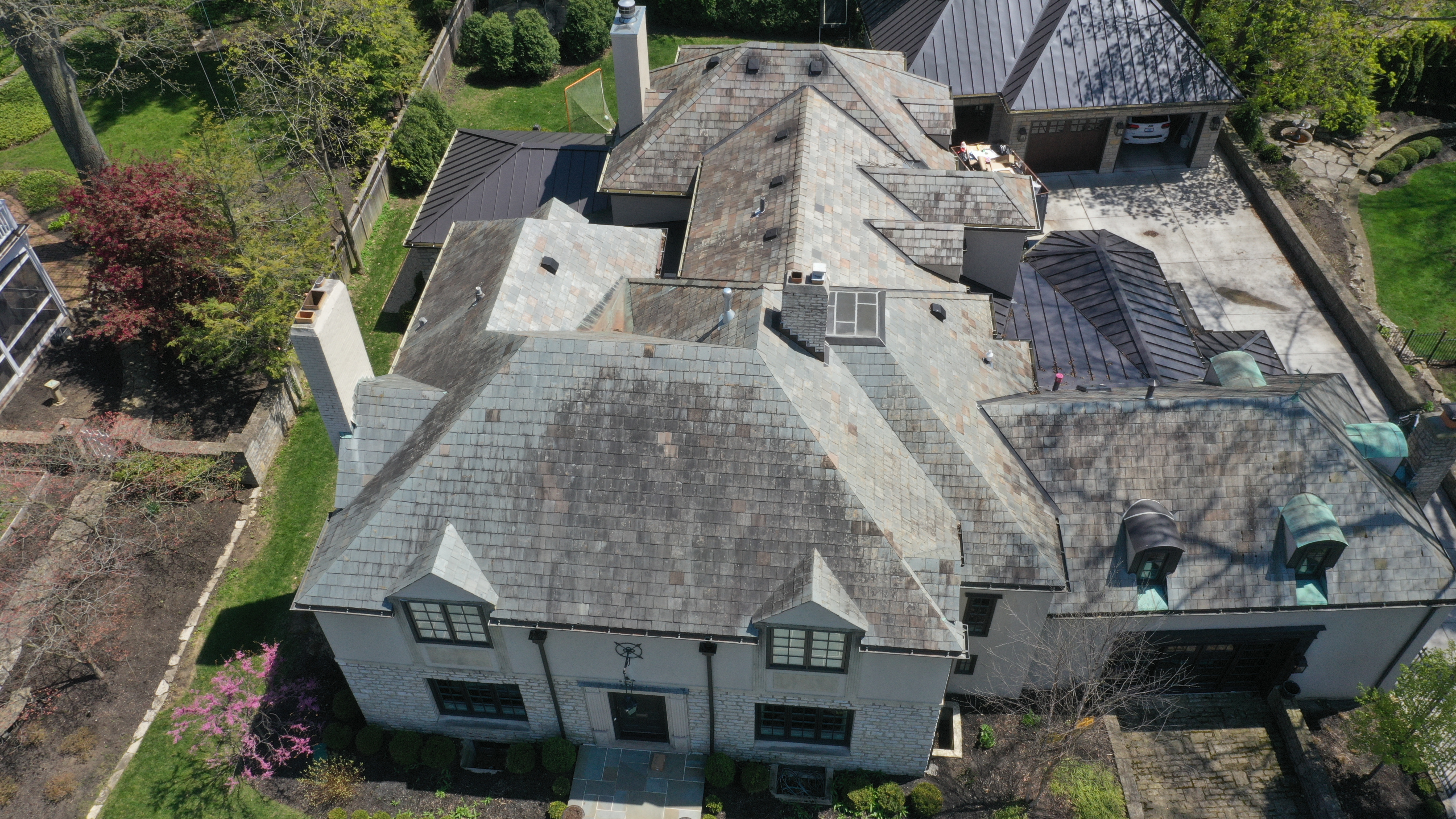 Slate roof in Upper Arlington before cleaning showing dark algae staining