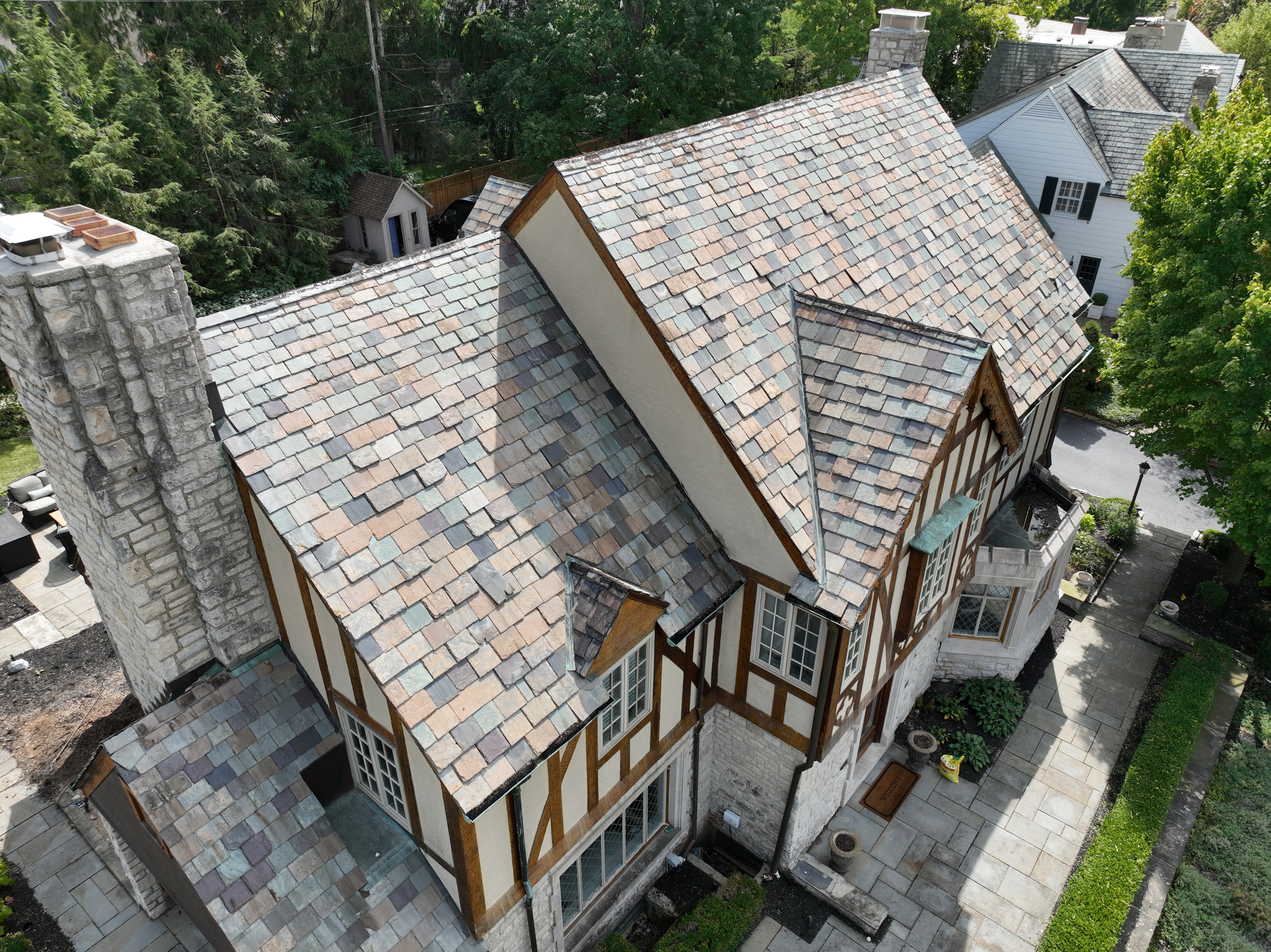 Tudor revival multi-color slate roof cleaning in Upper Arlington Ohio — Forza Roof Cleaning flagship project